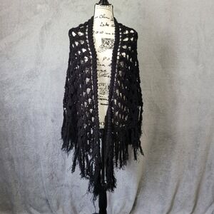 Vintage black crochet shawl with tassels scarf wrap whimsigoth witchy boho goth